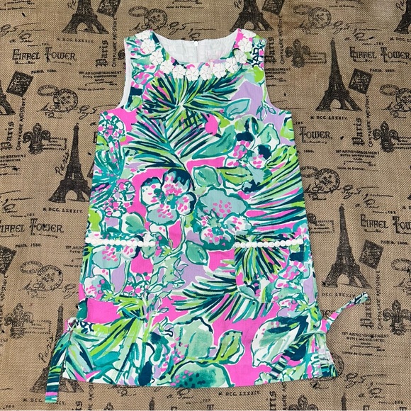 Lilly Pulitzer Little Girl’S Green/Multi Palm Beach Shift Dress Size 7 - Picture 1 of 15